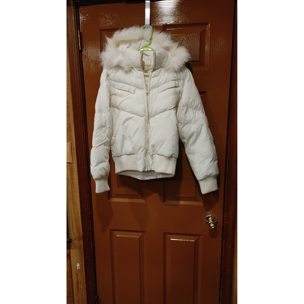 Tommy Jeans Puffer Jacket Womens Large White Good Faux Fur Hood Bomber